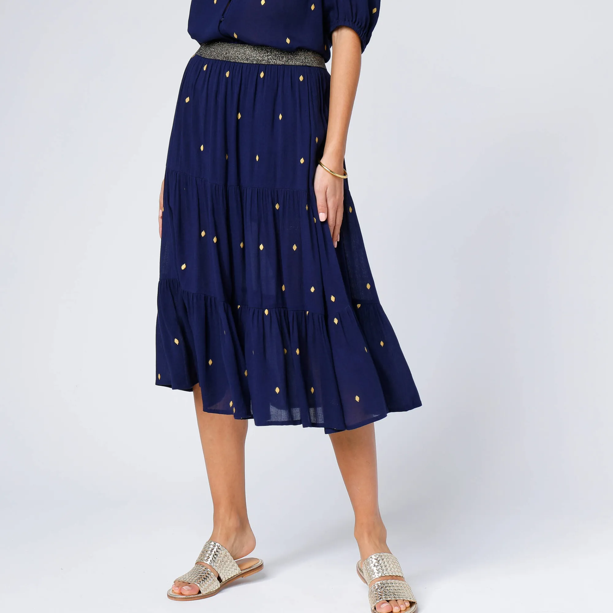 Rok<Blancheporte Korte fronsrok met goudkleurige print marine / goudkleurig