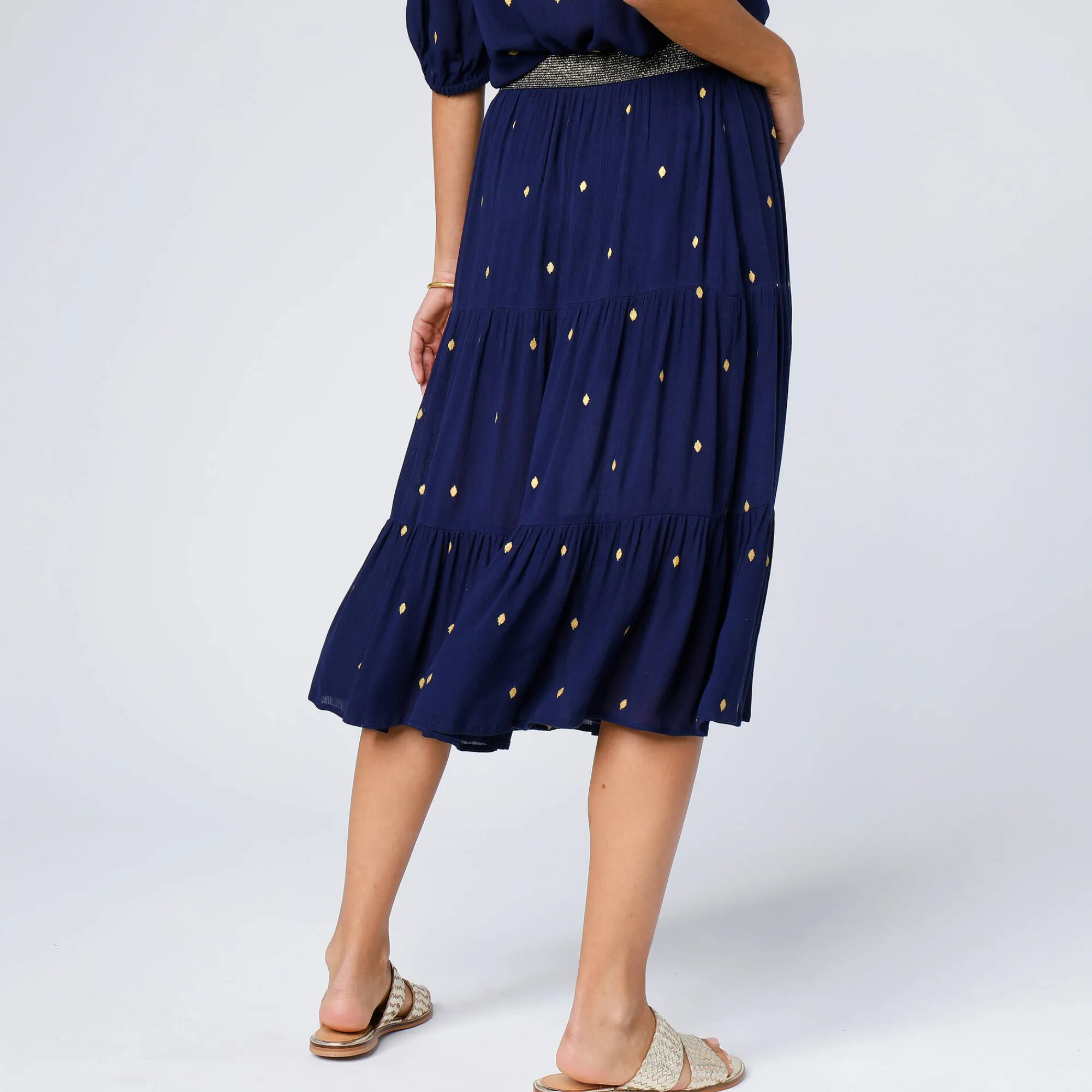 Rok<Blancheporte Korte fronsrok met goudkleurige print marine / goudkleurig