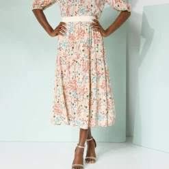 Rok|Jurk<Blancheporte Korte fronsrok met stroken en bloemenprint, crepon naturel