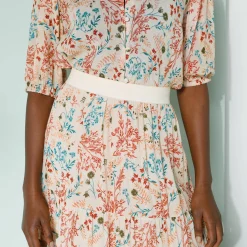 Rok|Jurk<Blancheporte Korte fronsrok met stroken en bloemenprint, crepon naturel