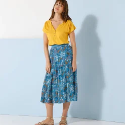 Rok<Blancheporte Korte fronsrok met stroken en bloemenprint, crepon blauw