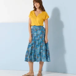 Rok<Blancheporte Korte fronsrok met stroken en bloemenprint, crepon blauw