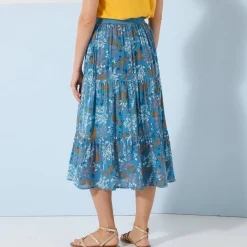 Rok<Blancheporte Korte fronsrok met stroken en bloemenprint, crepon blauw