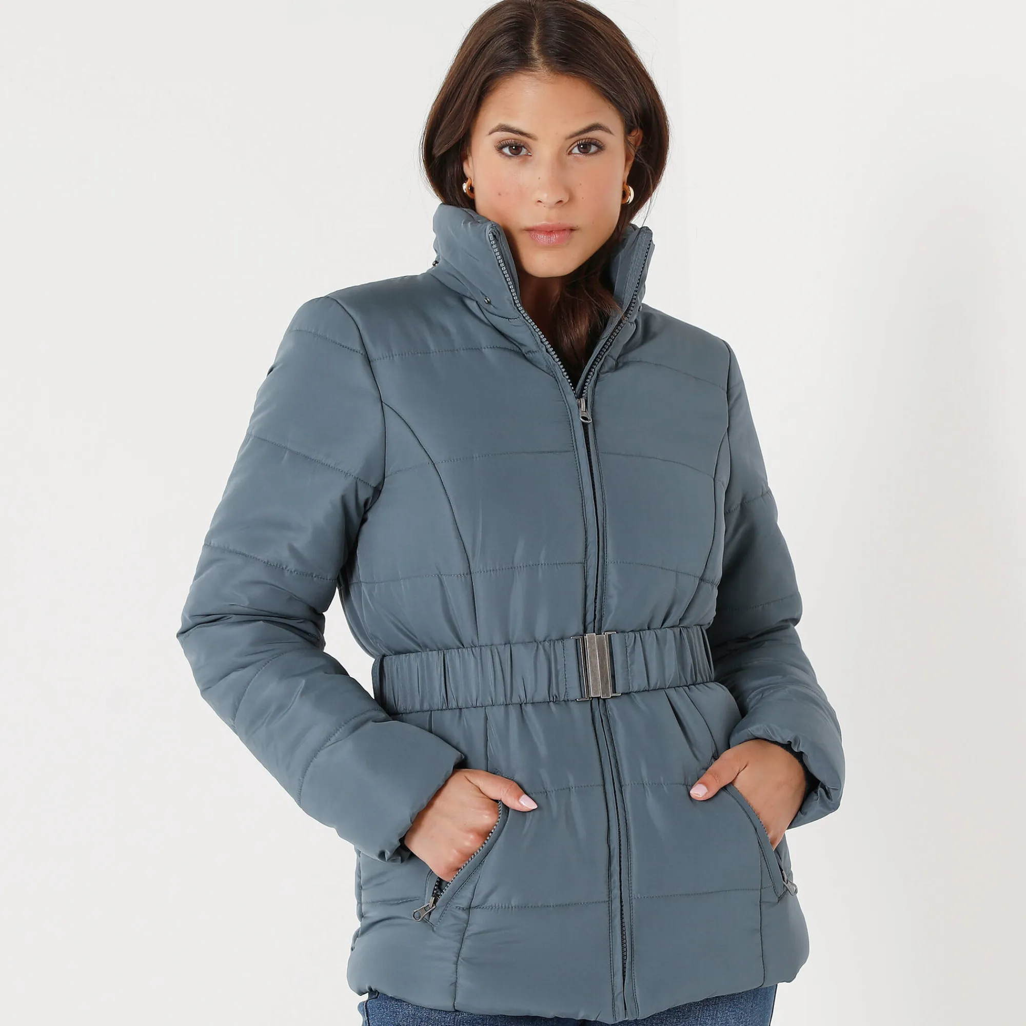 Parka En Donsjas<Colors&Co Korte gewatteerde jas met ceintuur blauwgrijs
