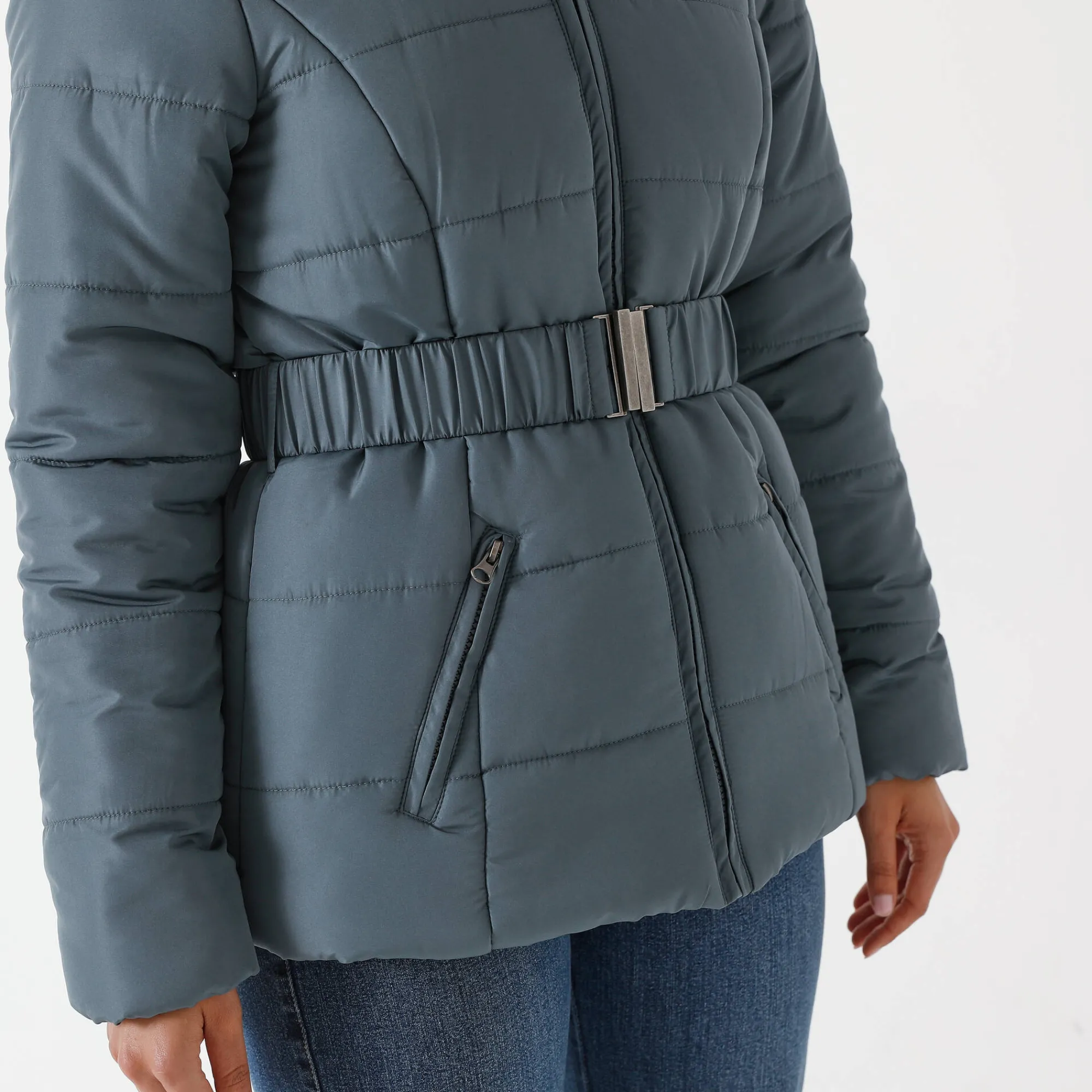 Parka En Donsjas<Colors&Co Korte gewatteerde jas met ceintuur blauwgrijs