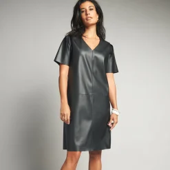 Feestoutfits Dames|Jurk<Lora Zellini Korte jurk met A-lijn, leeraspect zwart