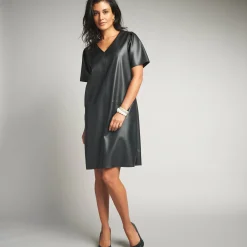 Feestoutfits Dames|Jurk<Lora Zellini Korte jurk met A-lijn, leeraspect zwart