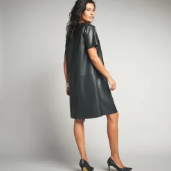 Feestoutfits Dames|Jurk<Lora Zellini Korte jurk met A-lijn, leeraspect zwart