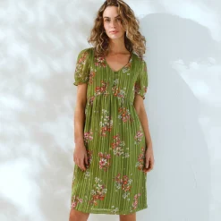 Jurk<Blancheporte Korte jurk met bloemenprint, voile en glanzende draad kaki / roze