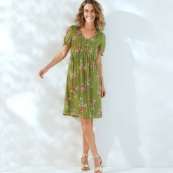 Jurk<Blancheporte Korte jurk met bloemenprint, voile en glanzende draad kaki / roze