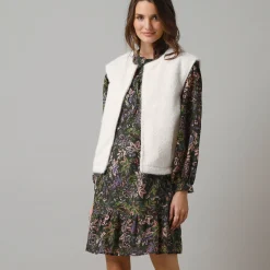 Jurk<Lora Zellini Korte jurk met knopen, wijde mouwen kaki / roze