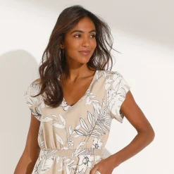 Jurk<Blancheporte Korte jurk met macramé, tropische print, smokwerktaille beige / ecru