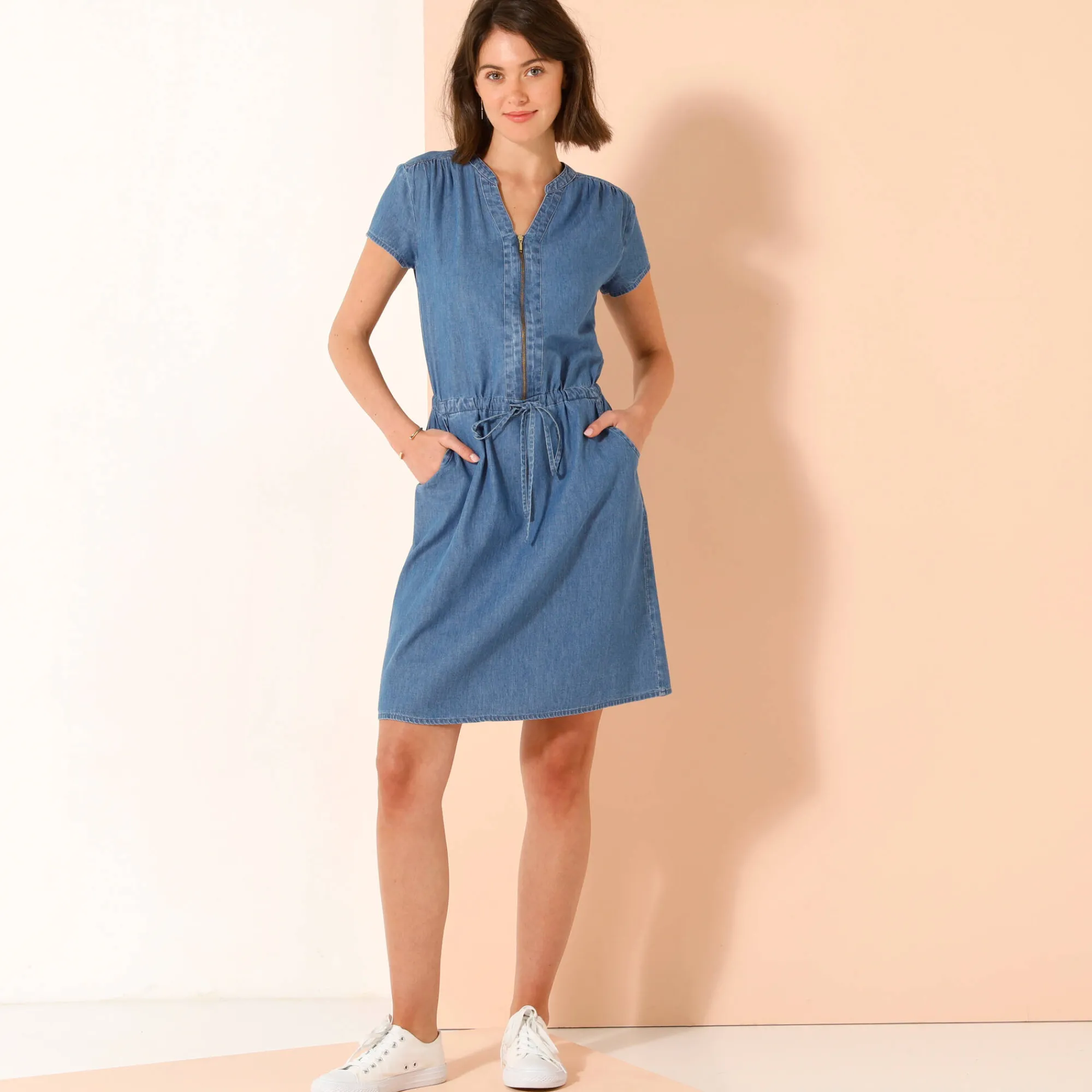 Jurk<Blancheporte Korte jurk met ritskraag, licht denim stone