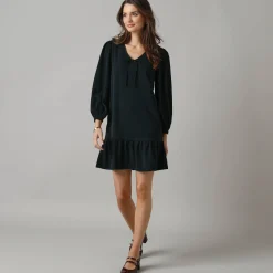 Feestoutfits Dames|Jurk<Lora Zellini Korte jurk met strook en striklintjes, crêpe zwart