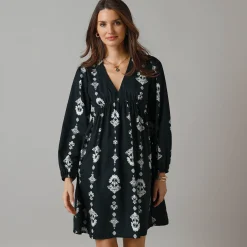 Feestoutfits Dames|Jurk<Lora Zellini Korte jurk met V-hals, bedrukte crêpe zwart / ecru