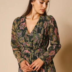 Jurk<Blancheporte Korte jurk met V-hals, bedrukte voile zwart / bronskleur