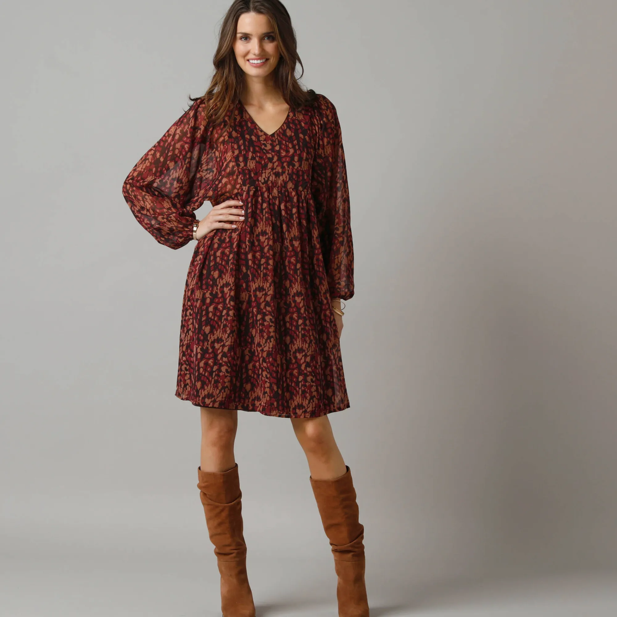 Feestoutfits Dames|Jurk<Lora Zellini Korte jurk met wijde mouwen, bedrukte voile bordeaux