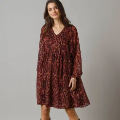 Feestoutfits Dames|Jurk<Lora Zellini Korte jurk met wijde mouwen, bedrukte voile bordeaux