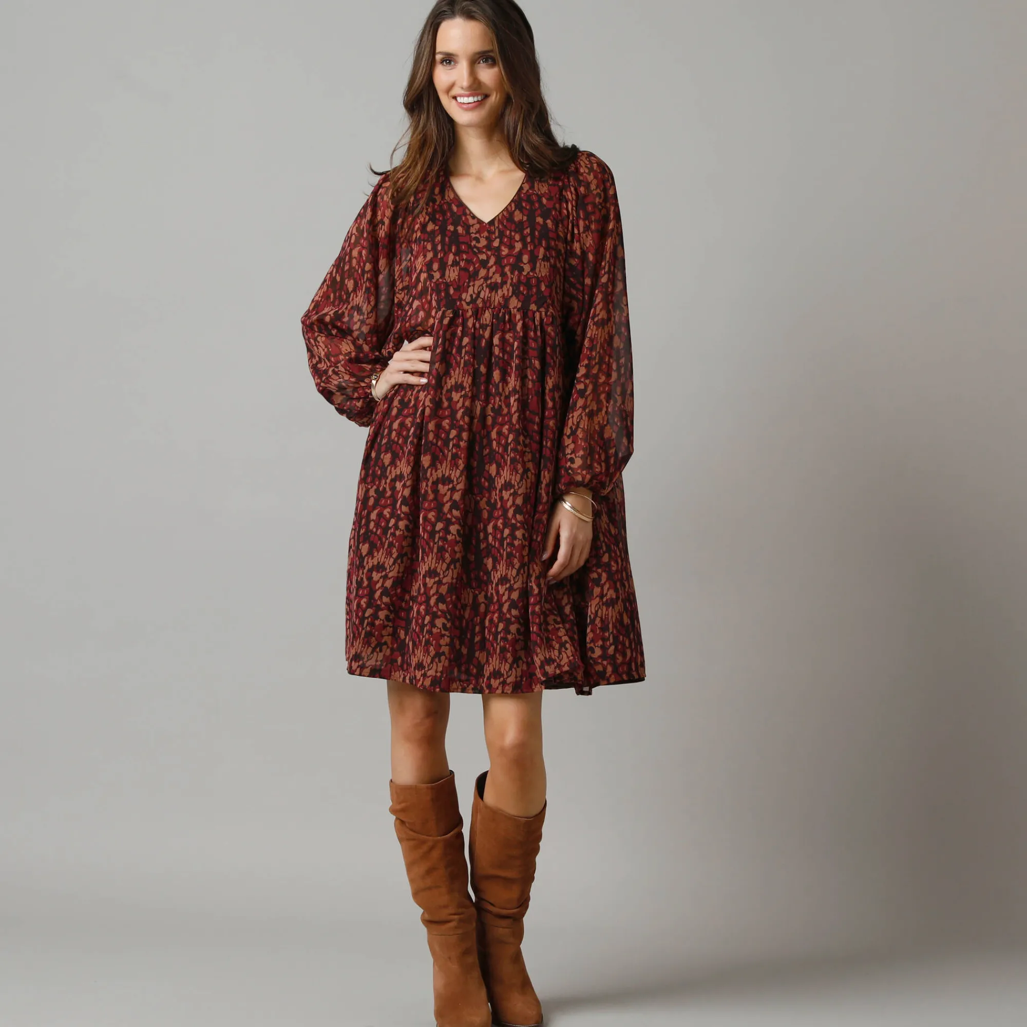 Feestoutfits Dames|Jurk<Lora Zellini Korte jurk met wijde mouwen, bedrukte voile bordeaux