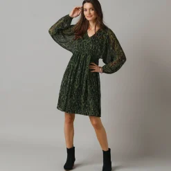 Feestoutfits Dames|Jurk<Lora Zellini Korte jurk met wijde mouwen, bedrukte voile kaki