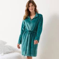 Peignoir En Kamerjas<Blancheporte Korte kamerjas in velours met ritssluiting celadon