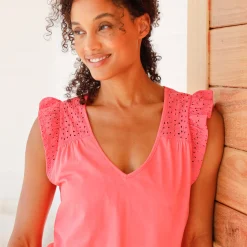 Pyjama<Blancheporte Korte pyjama in jersey en broderie anglaise koraal