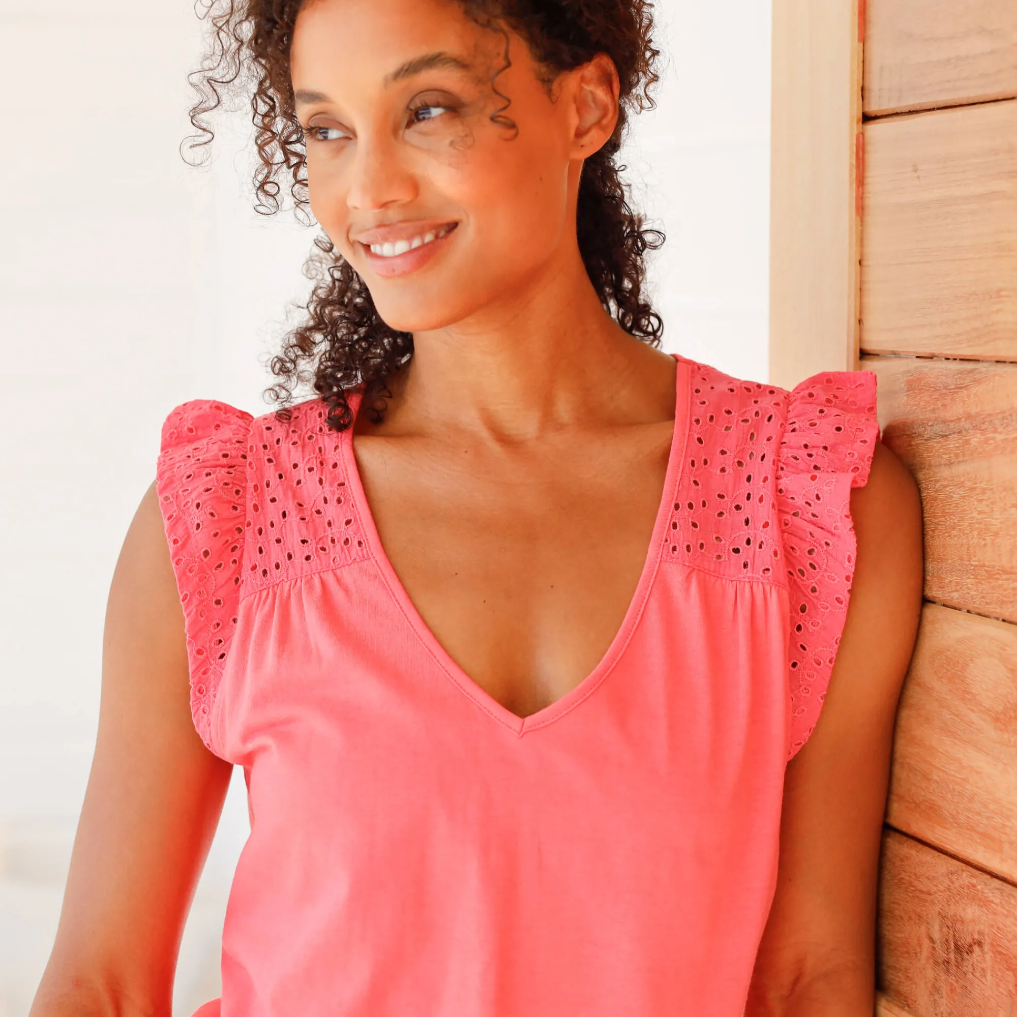 Pyjama<Blancheporte Korte pyjama in jersey en broderie anglaise koraal
