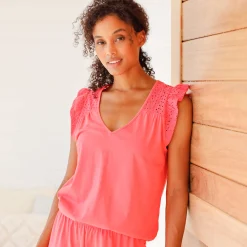 Pyjama<Blancheporte Korte pyjama in jersey en broderie anglaise koraal
