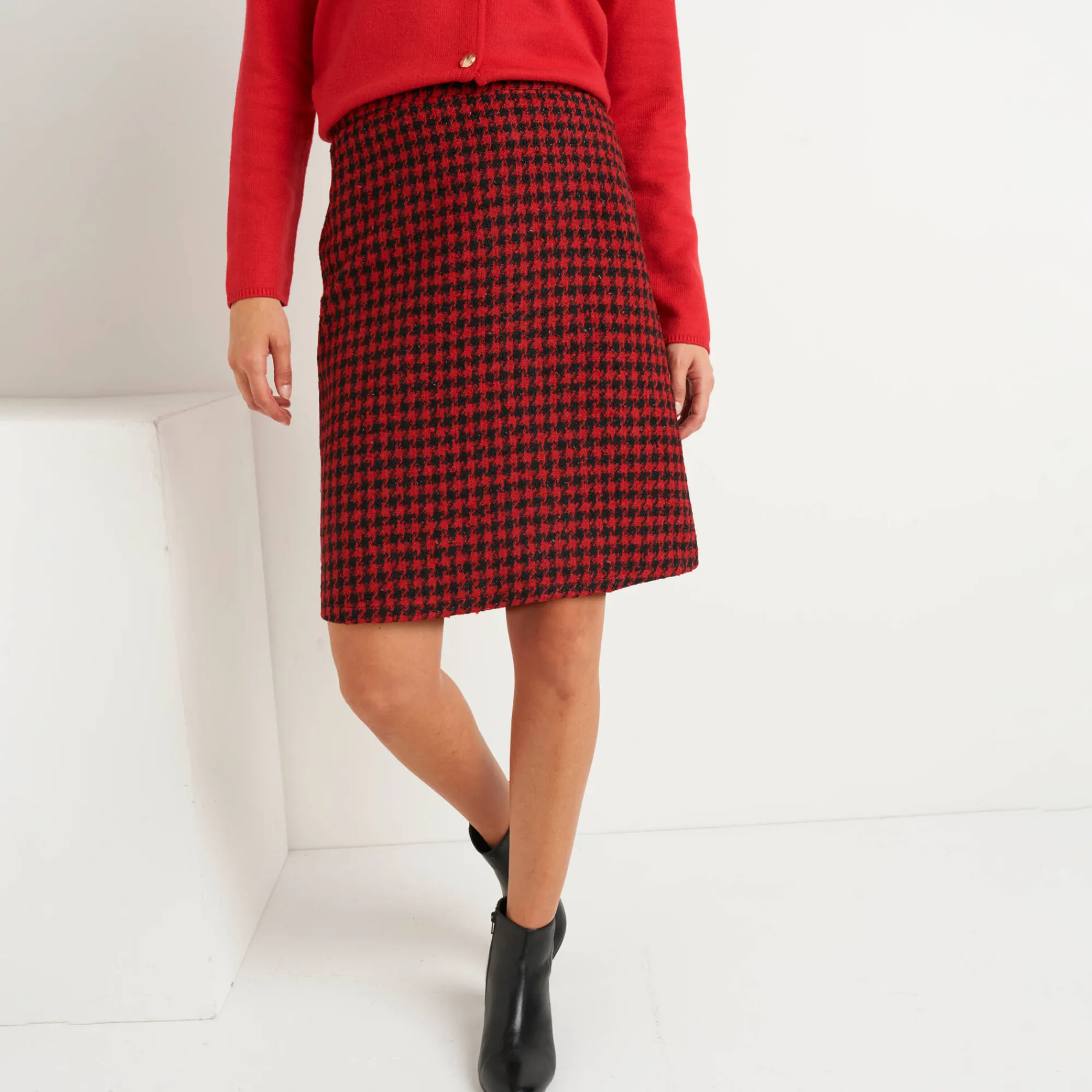 Rok<Blancheporte Korte rok met A-lijn in tweed, tweekleurige ruitjes zwart / rood