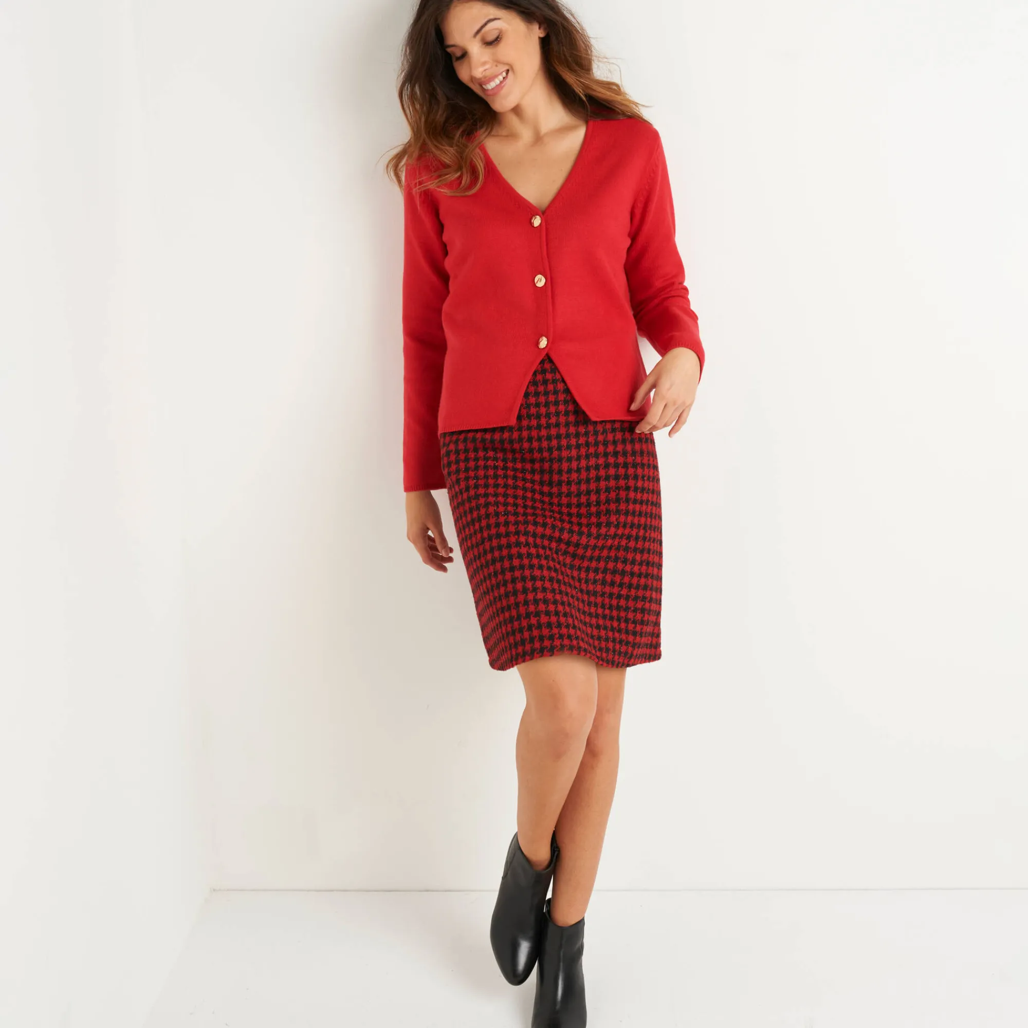 Rok<Blancheporte Korte rok met A-lijn in tweed, tweekleurige ruitjes zwart / rood