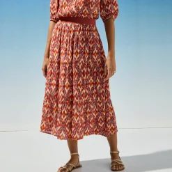 Rok<Blancheporte Korte strokenrok met ikatprint, crepon terracotta