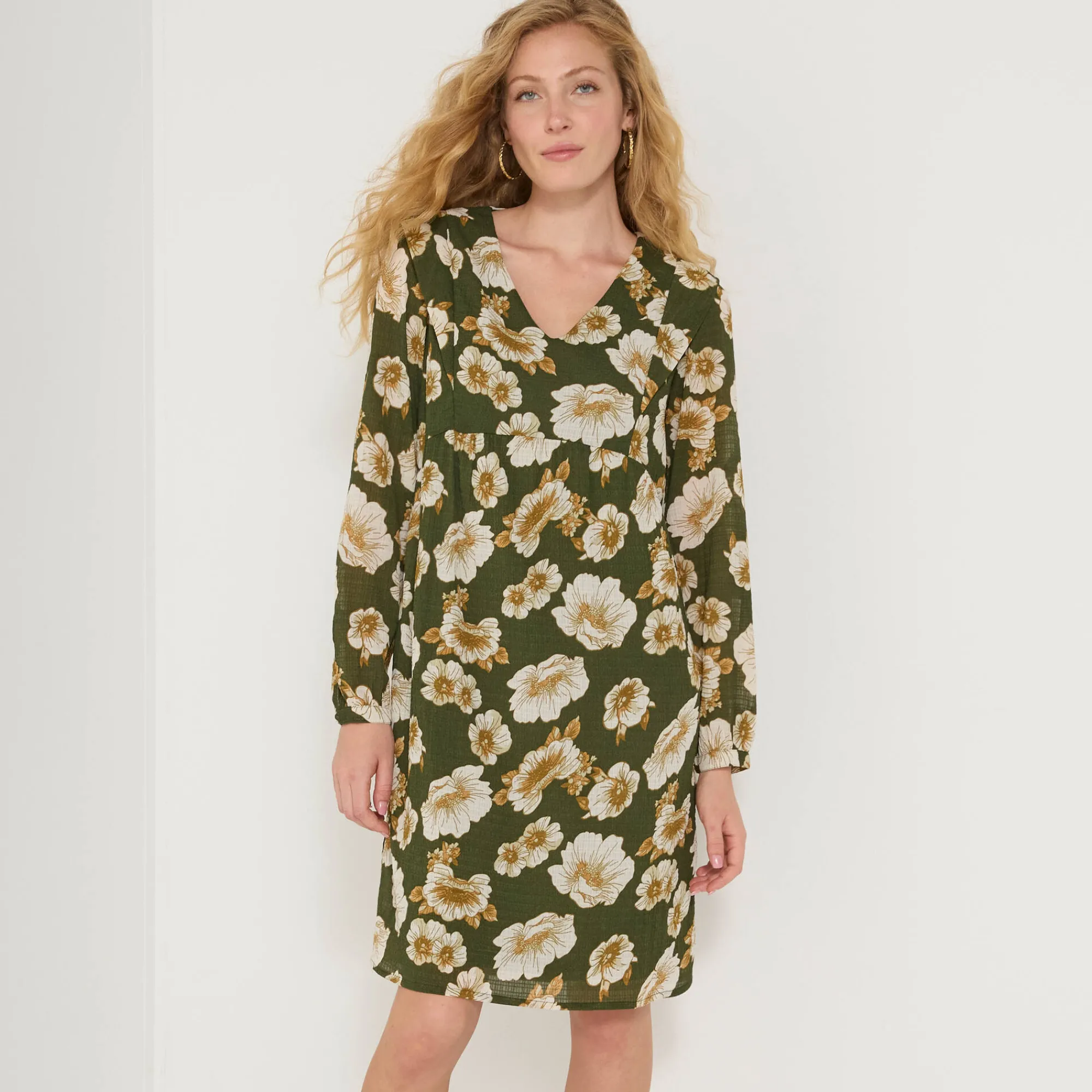 Jurk<Blancheporte Korte textuurjurk met bloemenprint kaki