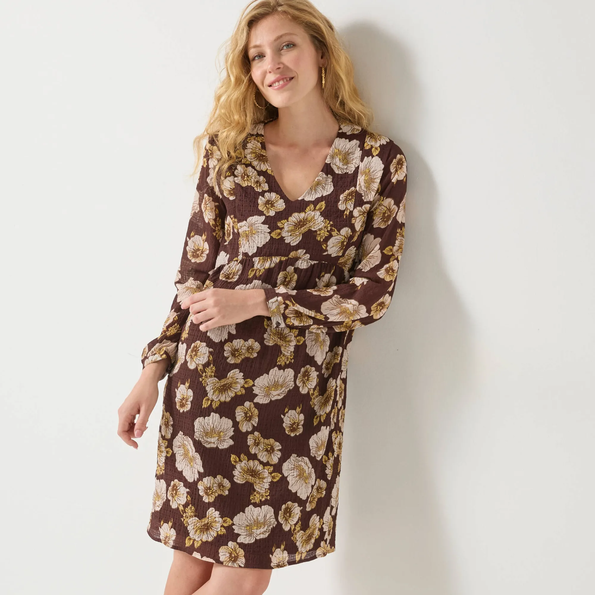 Jurk<Blancheporte Korte textuurjurk met bloemenprint chocolade