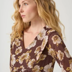 Jurk<Blancheporte Korte textuurjurk met bloemenprint chocolade