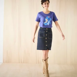 Rok<Blancheporte Korte, uitlopende jeansrok met knopen raw