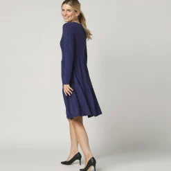 Feestoutfits Dames|Jurk<Blancheporte Korte, uitlopende jurk in glanzend tricot, lange mouwen felblauw