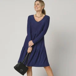 Feestoutfits Dames|Jurk<Blancheporte Korte, uitlopende jurk in glanzend tricot, lange mouwen felblauw