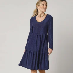 Feestoutfits Dames|Jurk<Blancheporte Korte, uitlopende jurk in glanzend tricot, lange mouwen felblauw