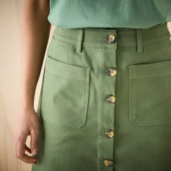 Rok<Blancheporte Korte, uitlopende rok met knopen kaki