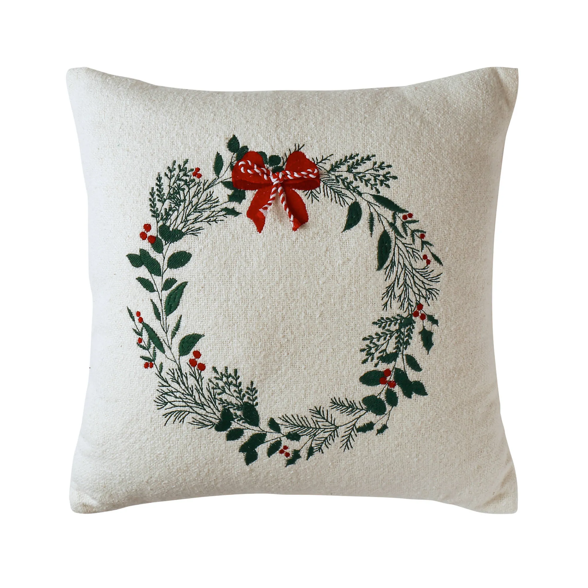 Feestdecoratie|Kussen<Blancheporte Kussen in katoenen lusjesstof, kerstborduursels ecru / rood / groen