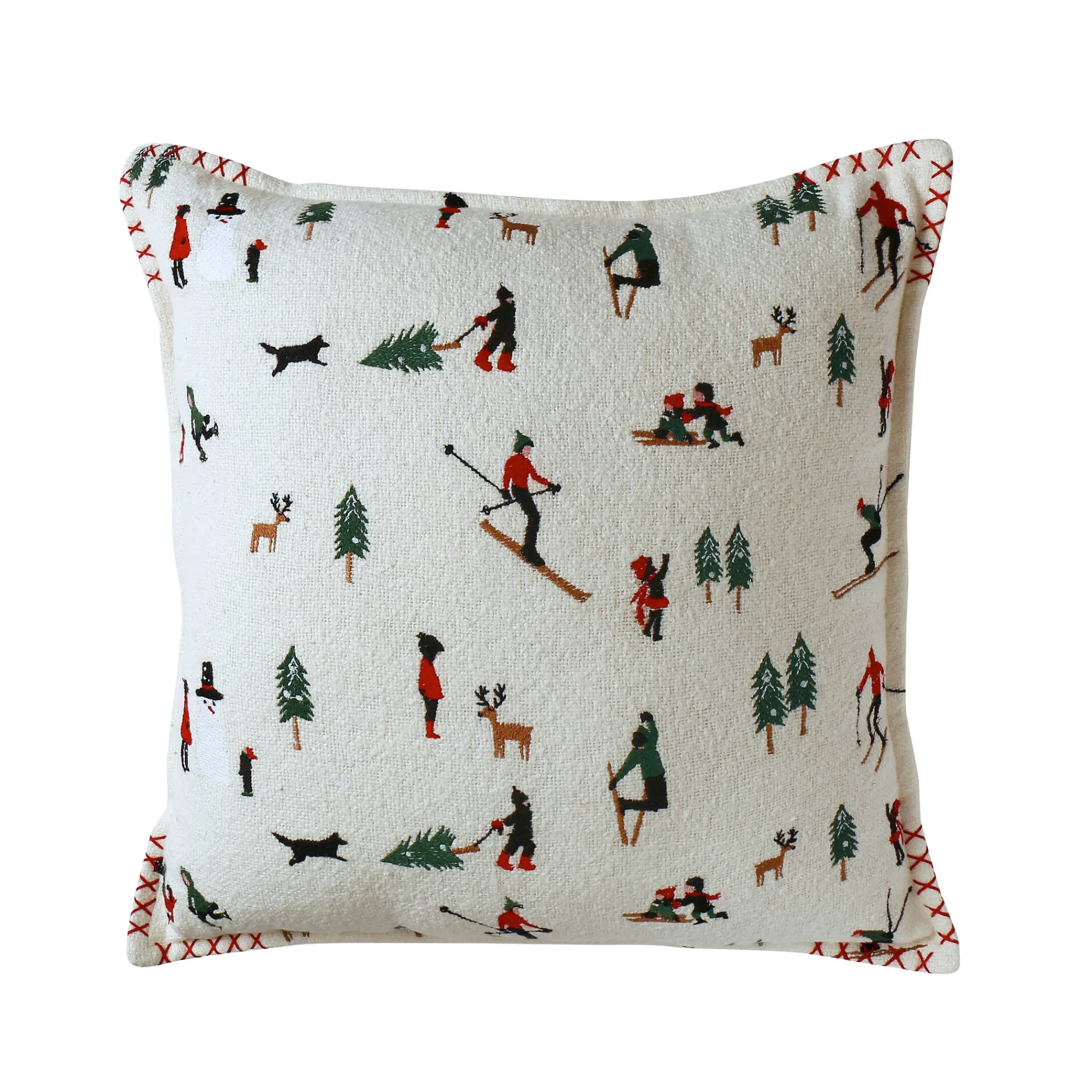 Feestdecoratie|Kussen<Blancheporte Kussen in katoenen lusjesstof, geborduurde skiërs ecru / rood / groen
