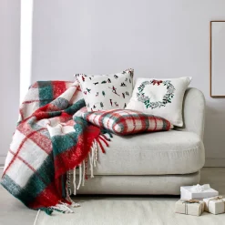 Feestdecoratie|Kussen<Blancheporte Kussen met ingeweven ruitmotief ecru / rood / groen