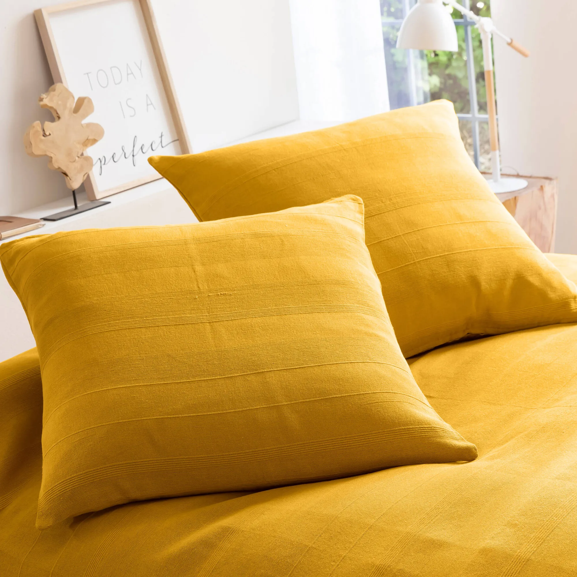 Kussenhoes<Blancheporte Kussenhoes in effen katoen met artisanaal weefsel - set van 2 kerrie