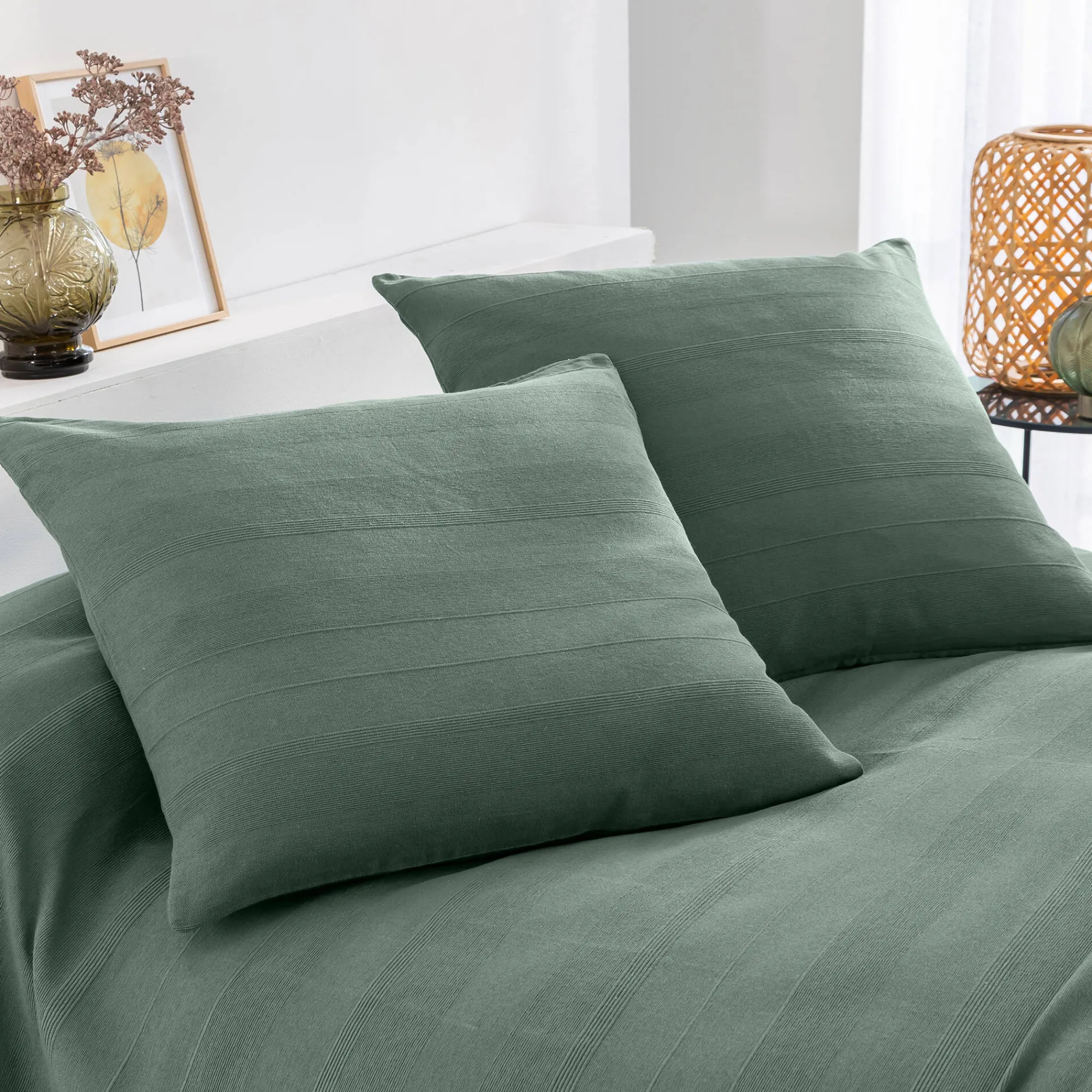 Kussenhoes<Blancheporte Kussenhoes in effen katoen met artisanaal weefsel - set van 2 grijsgroen