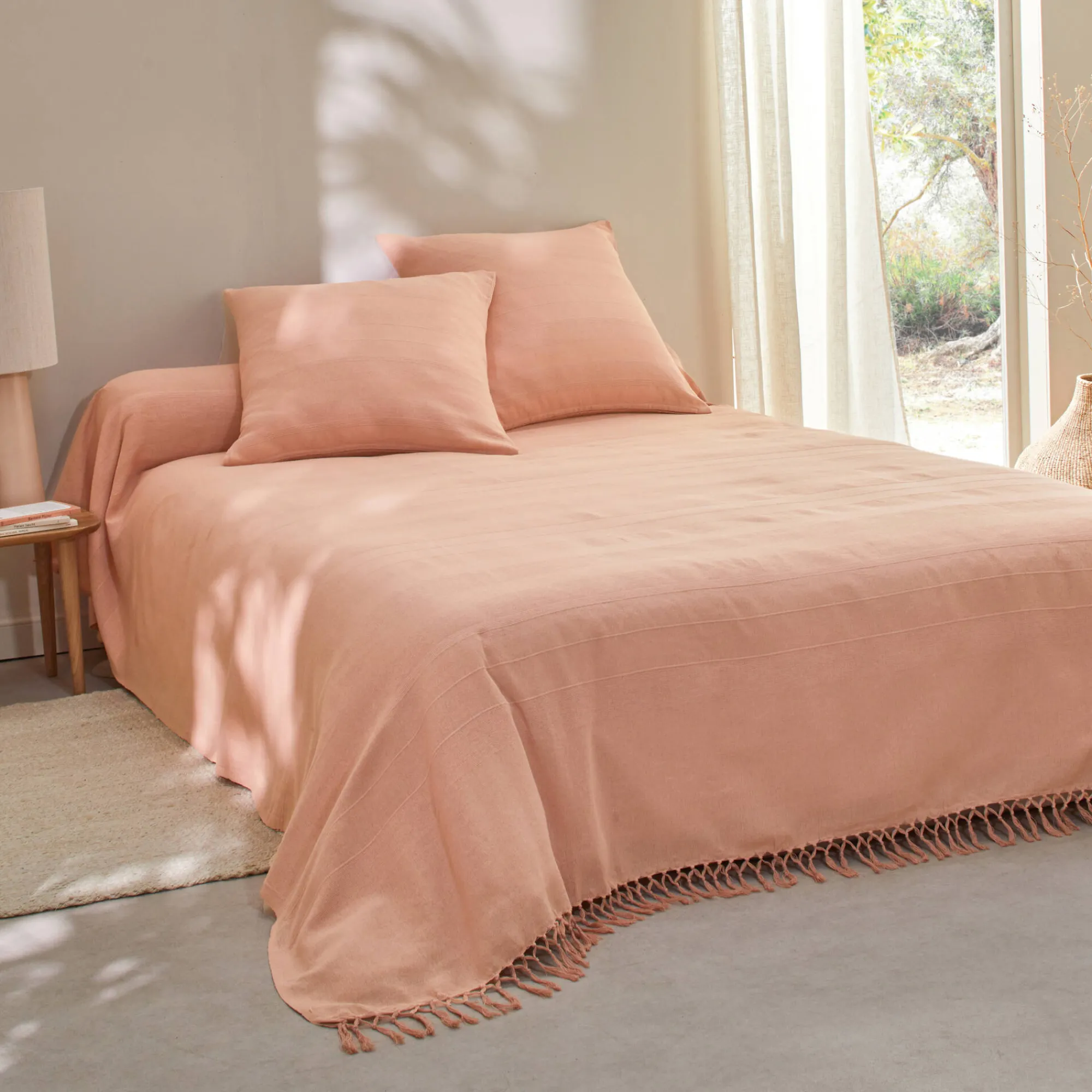 Kussenhoes<Blancheporte Kussenhoes in effen katoen met artisanaal weefsel - set van 2 roze