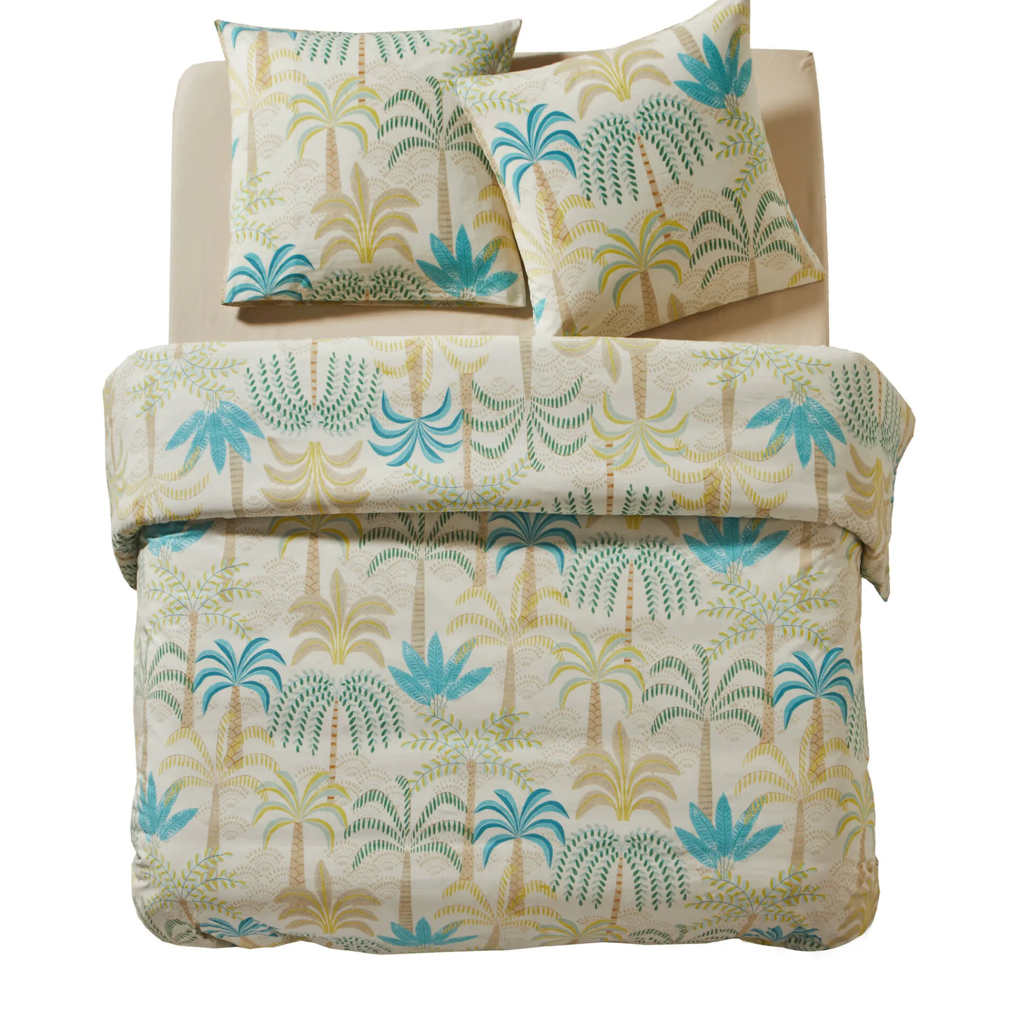 Delige Bedlinnenset<Blancheporte Lakenset Palmeraie met palmboomprint, in katoen zandkleur