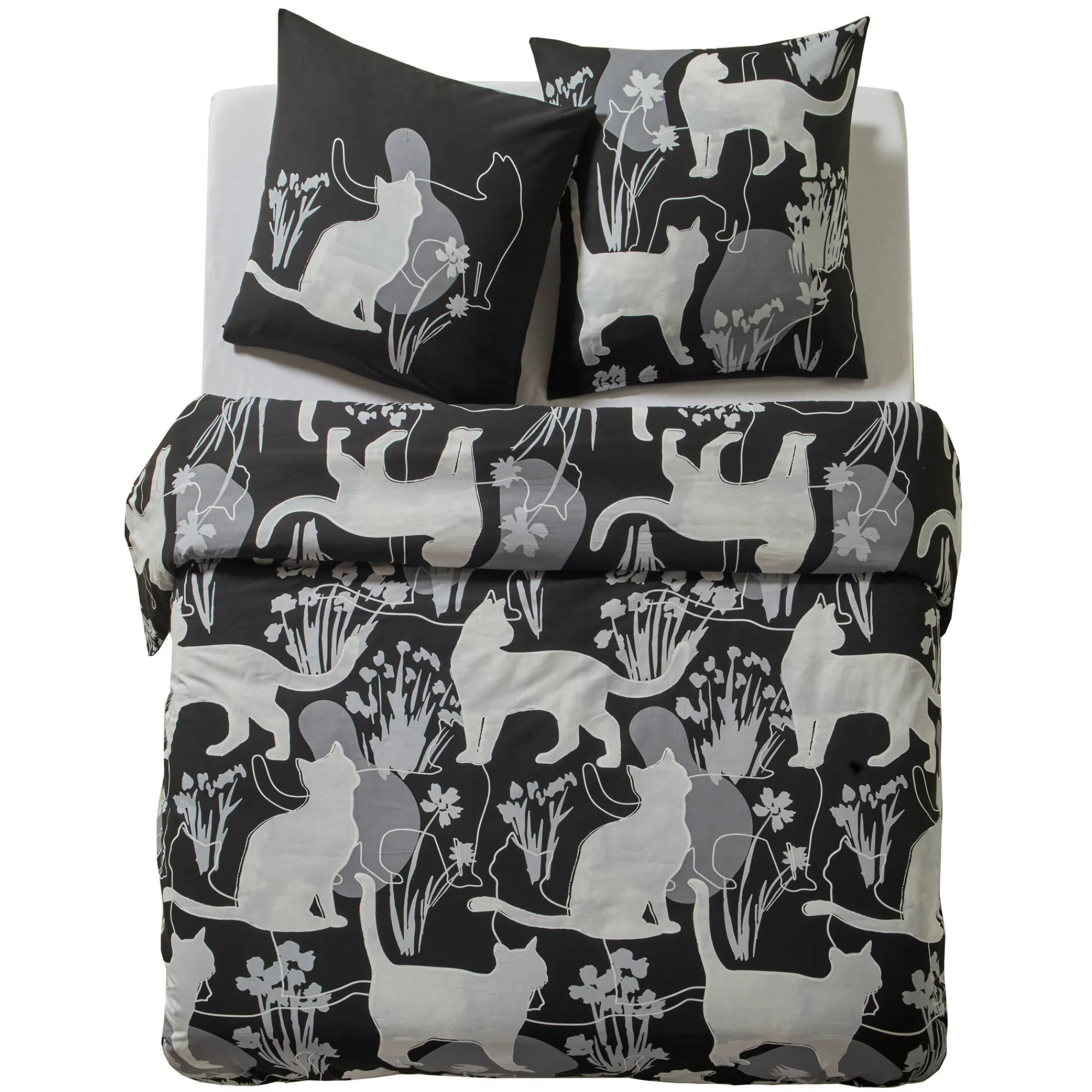 Delige Bedlinnenset<Blancheporte Lakenset, slo(o)p(en) + dekbedovertrek Mistigri, met kattenprint, in katoen zwart