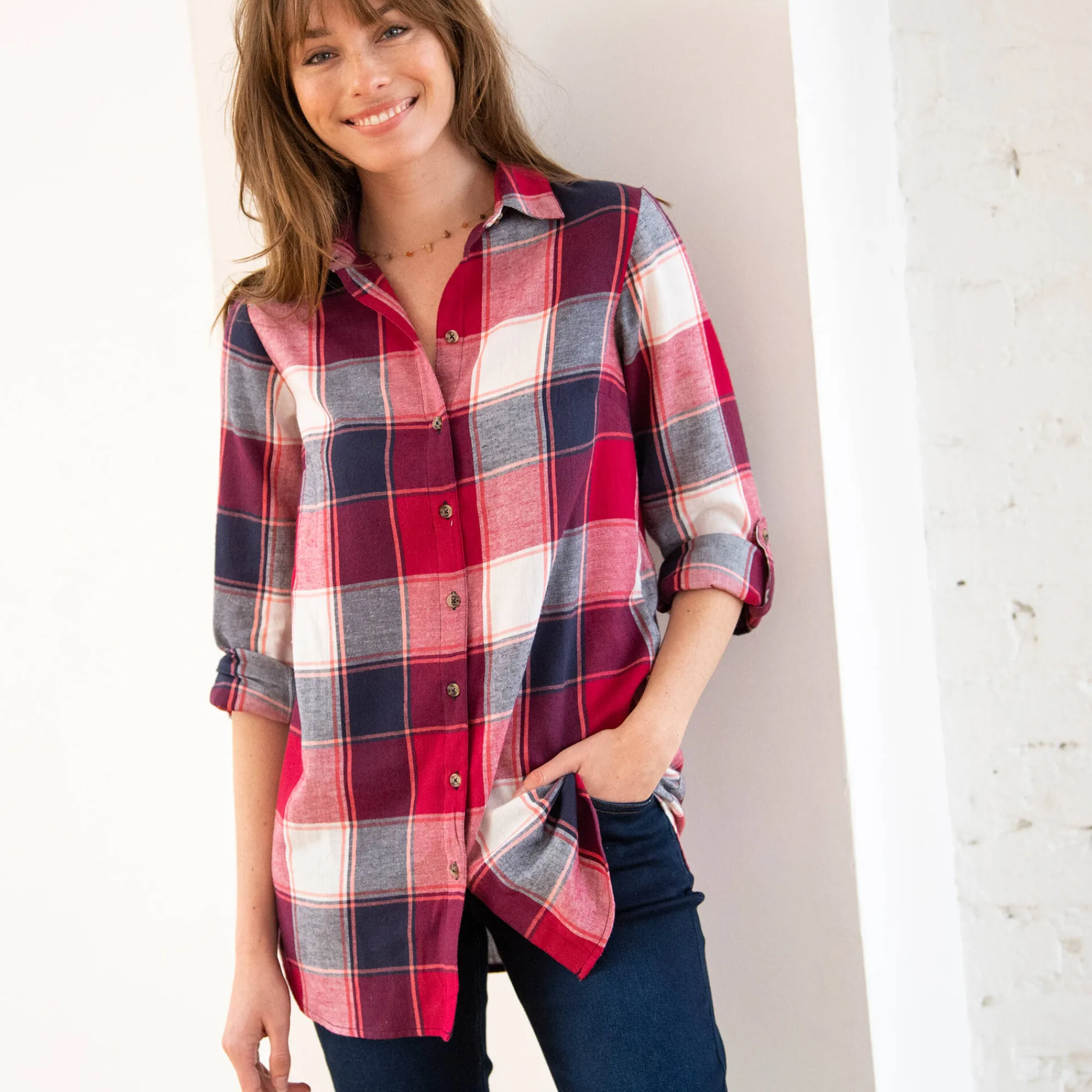Bloes En Tuniek<Blancheporte Lang hemd in flanel met grote ruiten kersenrood / marine