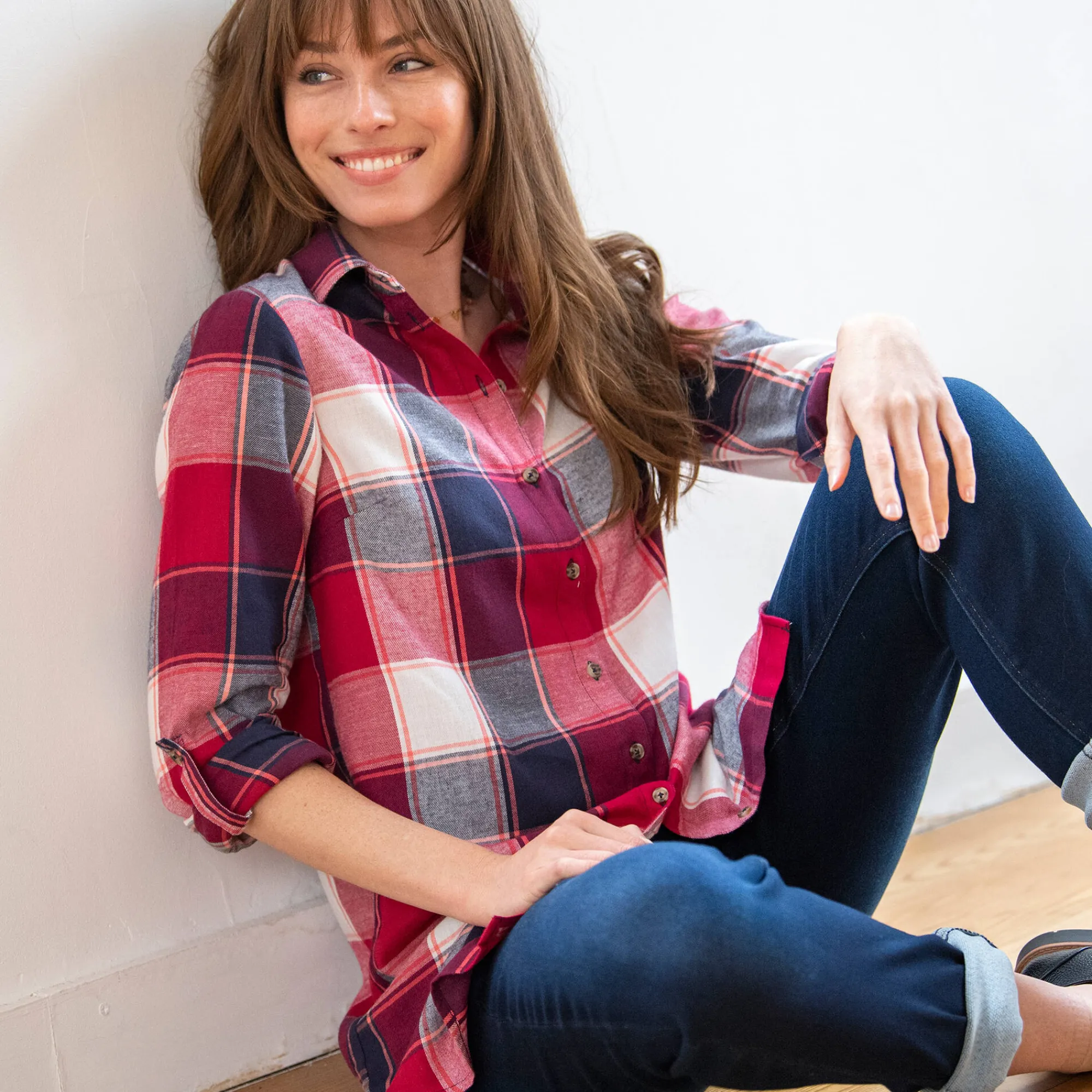 Bloes En Tuniek<Blancheporte Lang hemd in flanel met grote ruiten kersenrood / marine