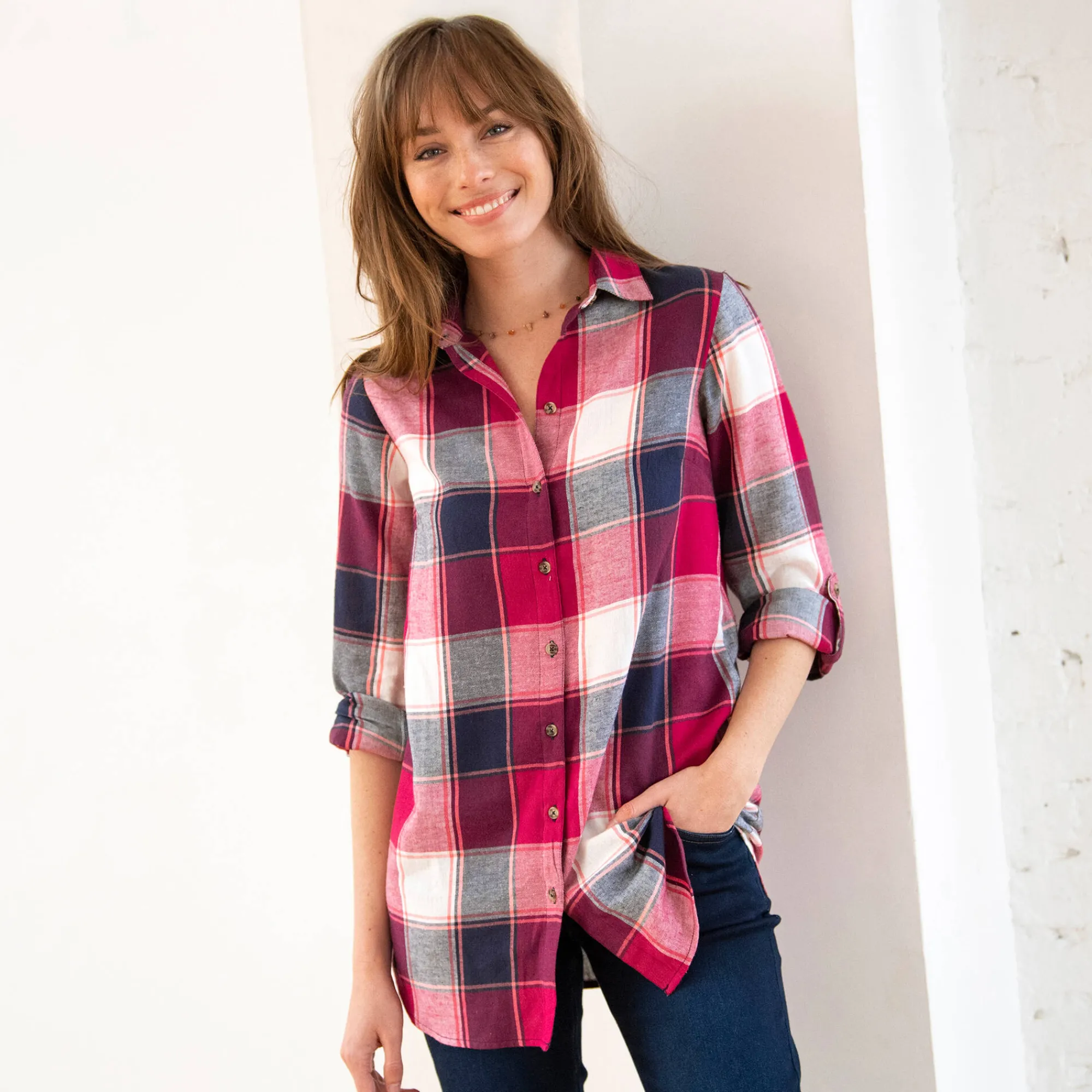 Bloes En Tuniek<Blancheporte Lang hemd in flanel met grote ruiten kersenrood / marine